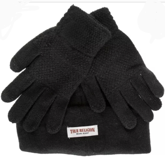 True Religion 2 Pc Hat & Glove Set-Black - Picture 2 of 7